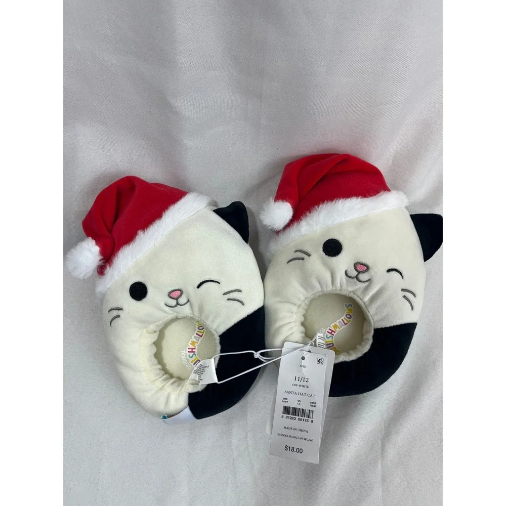 Squishmallows Santa Hat Cat Slippers Off White Holiday Christmas Kids Size 11/12